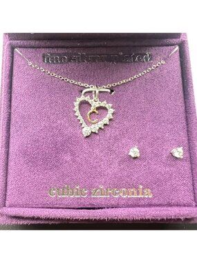 NWT Sparkle Allure Initial C Pendant Necklace Stud Earring Set Silver-Plated CZ